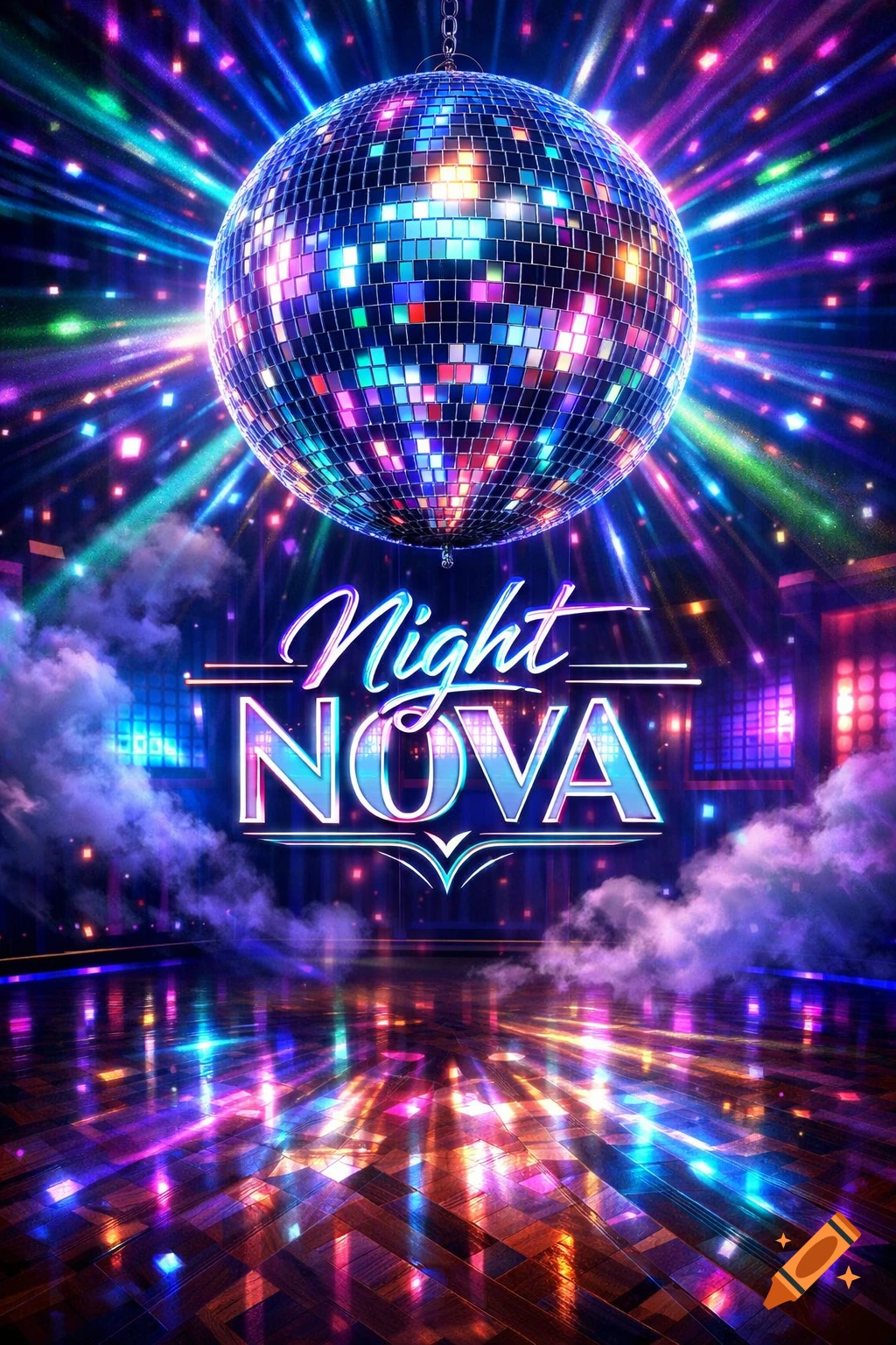 A vibrant disco ball hangs above a reflective dance floor, surrounded by colorful light rays and neon text reading 'Night Nova'.