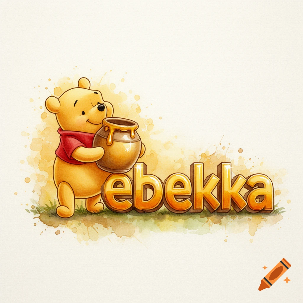 Watercolor illustration of Winnie the Pooh holding a honey pot next to the name 'Rebekka' in 3D letters.