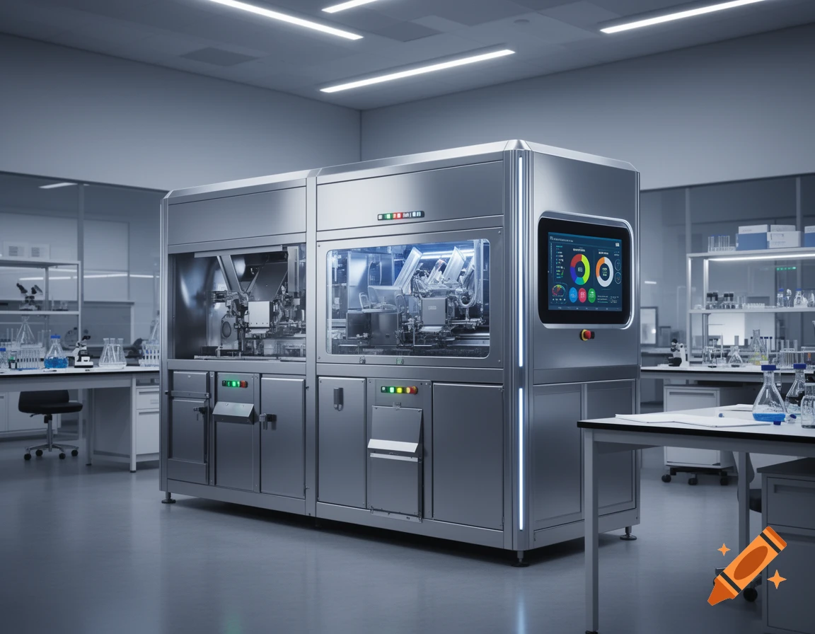 A large, sleek metallic industrial machine with a digital display showing colorful charts, in a modern laboratory.