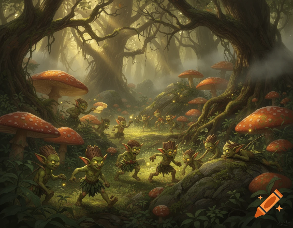 Small, green goblins with glowing eyes move through a lush fantasy forest filled with giant red-capped mushrooms and dappled sunlight.