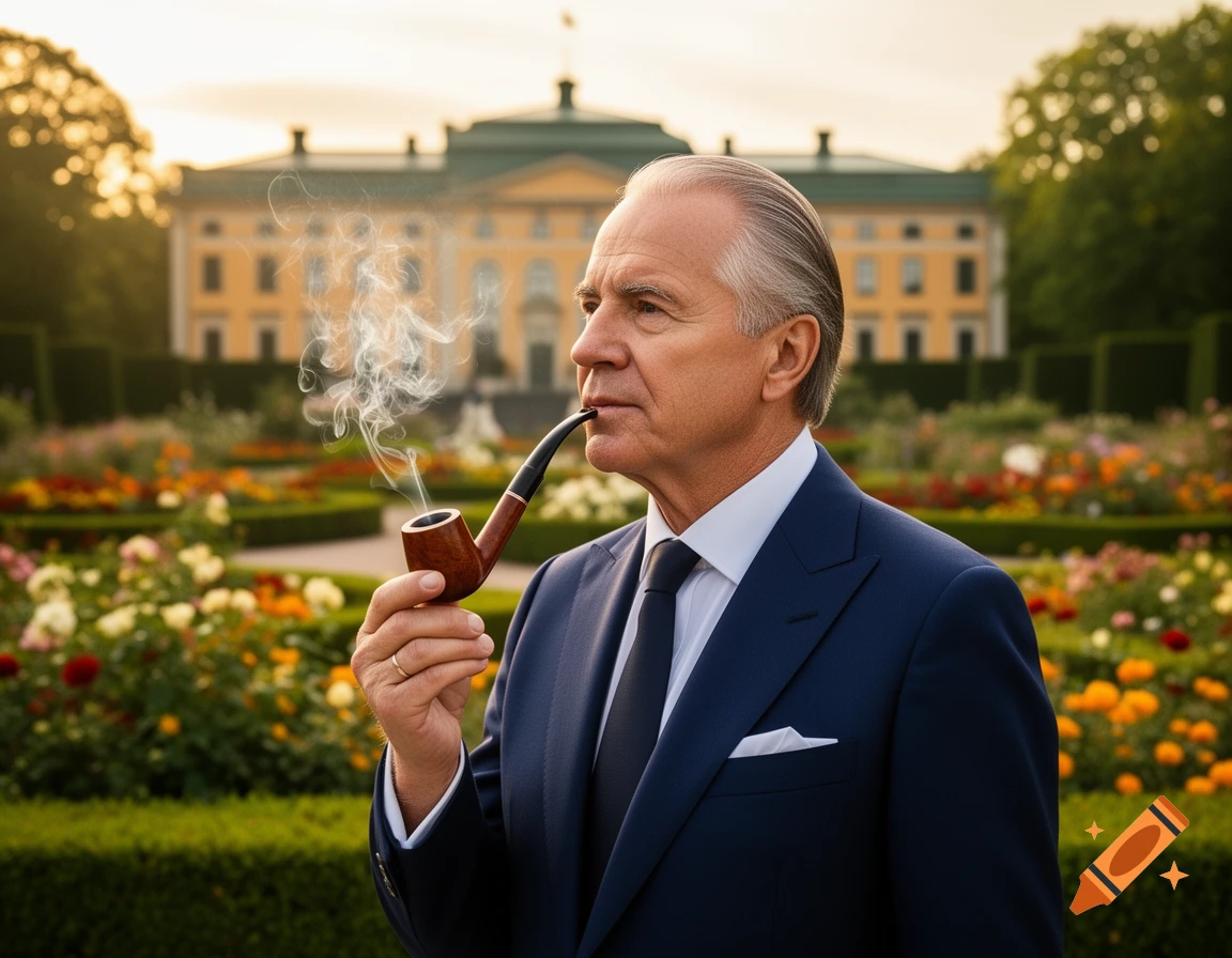 Distinguished older man in a navy suit smoking a pipe in a formal garden with a stately palace.