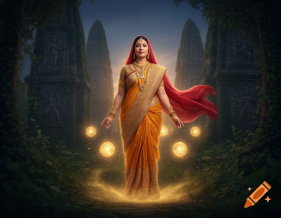 A woman in a gold saree and red veil stands amidst glowing orbs and golden dust in a fantasy jungle clearing with ancient temples.
