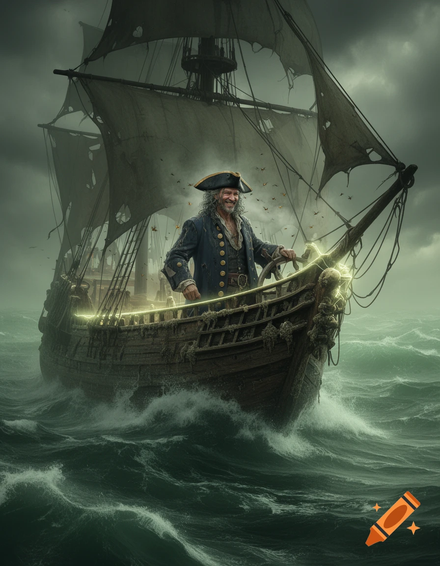 A grinning pirate captain steers his glowing, tattered ship through a dark, stormy sea in a dramatic fantasy art style.