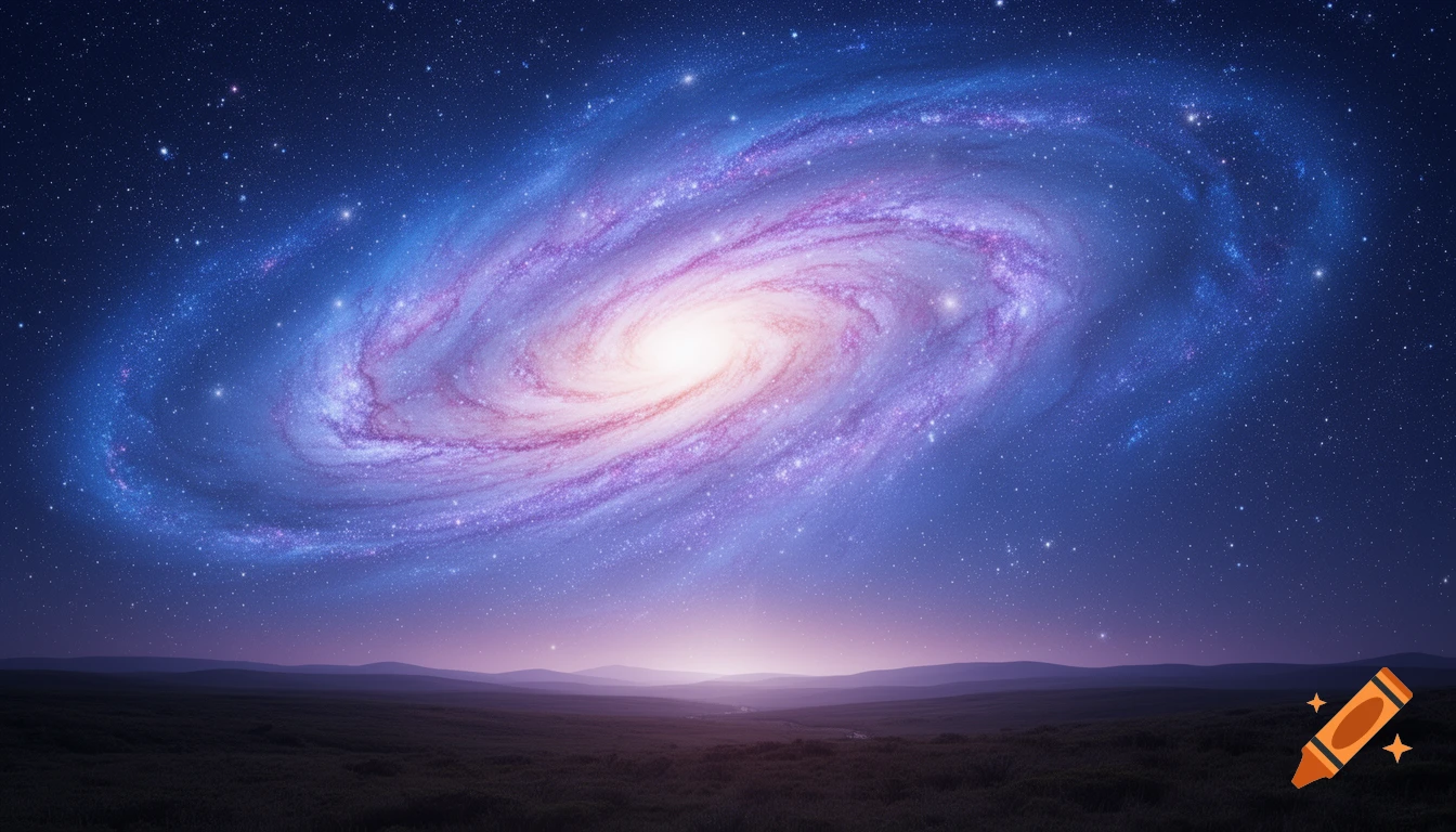 A vibrant spiral galaxy with blue, purple, and pink hues dominates a starry night sky above a dark landscape.