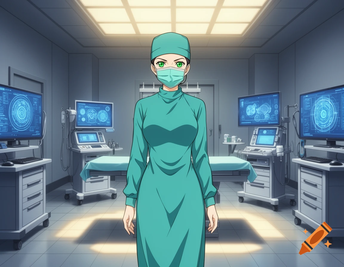 Anime surgeon in green scrubs and mask stands in a futuristic operating room with monitors displaying data.