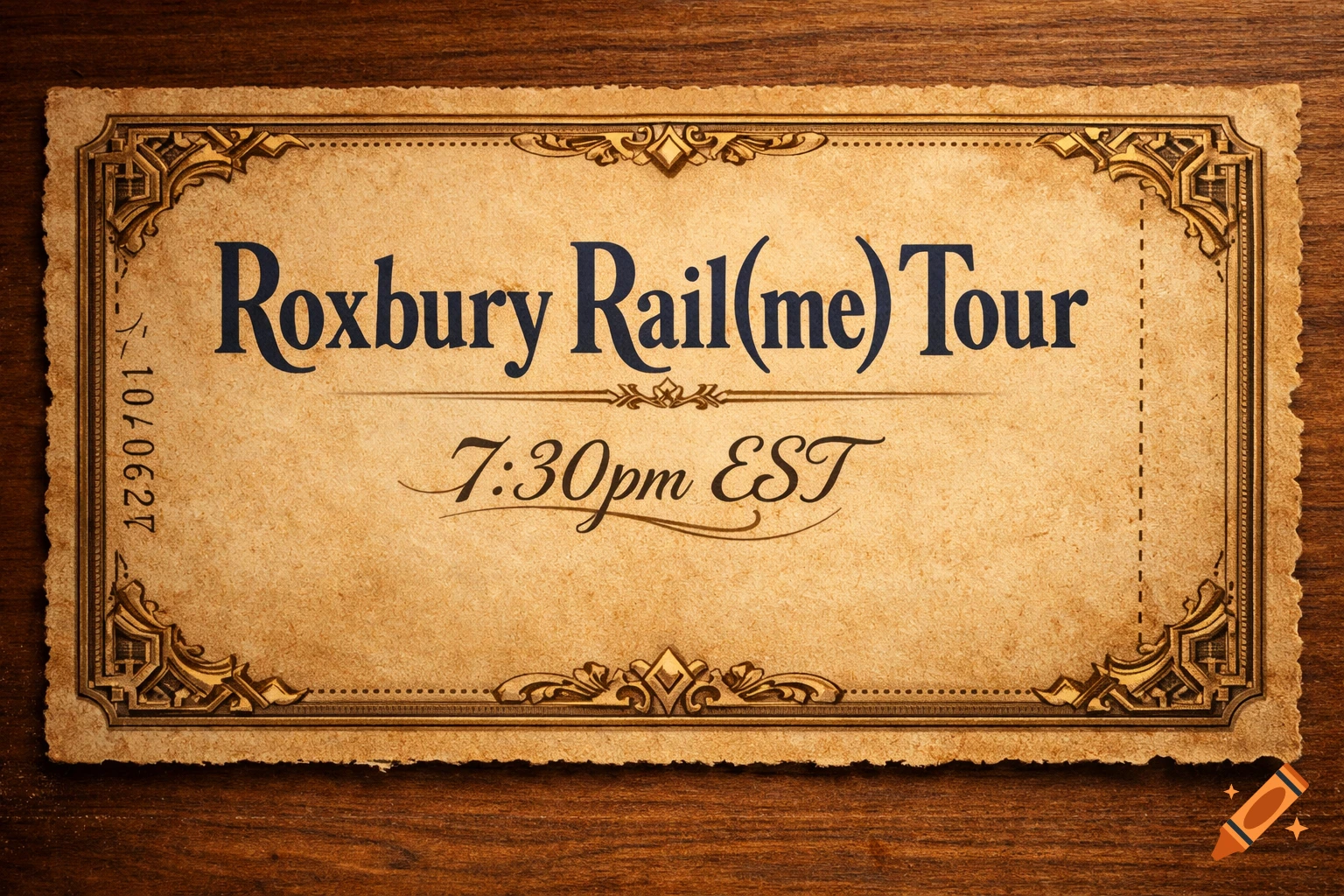 A vintage-style train ticket for the Roxbury Rail(me) Tour at 7:30pm EST, featuring an ornate border, on wood.