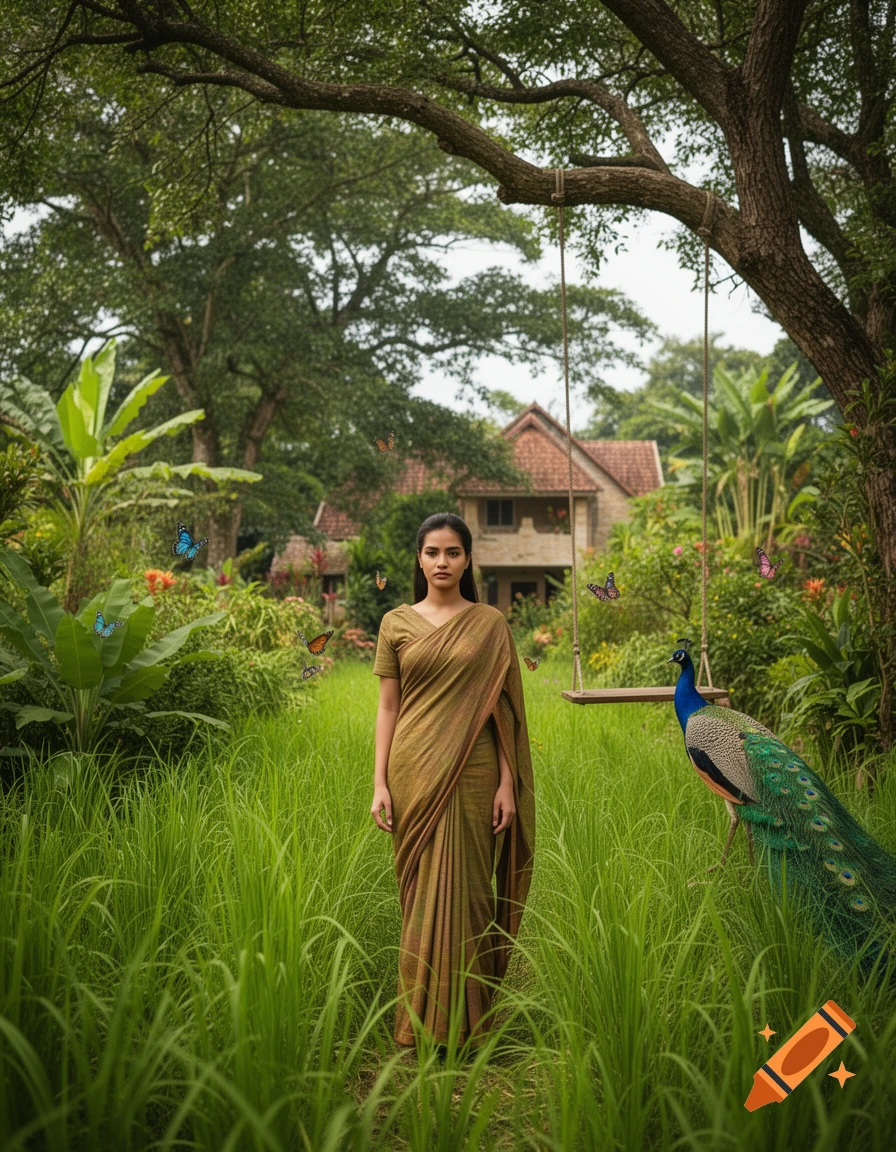 A woman in a green saree stands in a lush garden with a house, a peacock, and butterflies in the background, photorealistic.