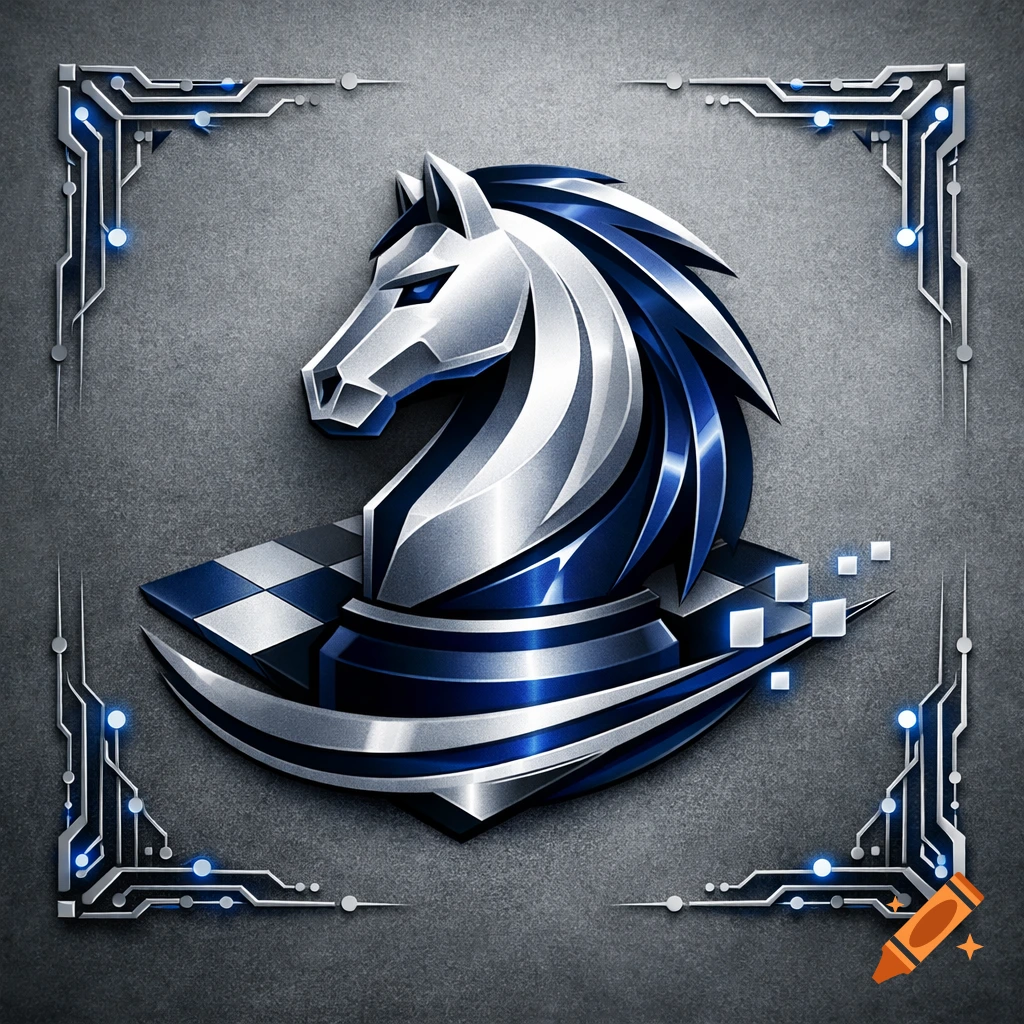 A stylized metallic silver and blue chess knight logo with geometric circuit board patterns in the corners, on a gray background.