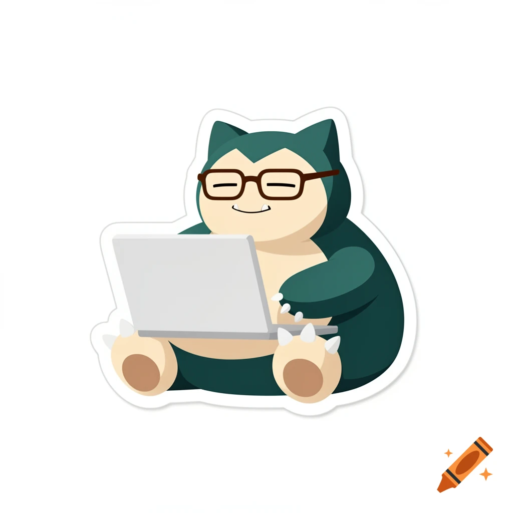 A simple 2D sticker illustration of Snorlax wearing glasses, sitting and using a laptop.
