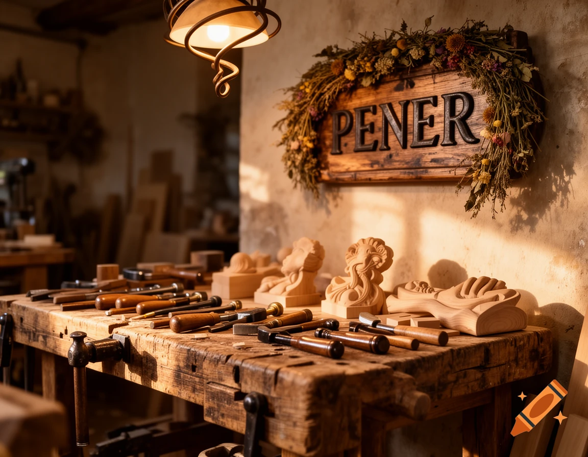 A warm, sunlit woodworking shop with a workbench covered in carving tools and unfinished wooden sculptures, beneath a sign that reads 'PENER' adorned with dried flowers.