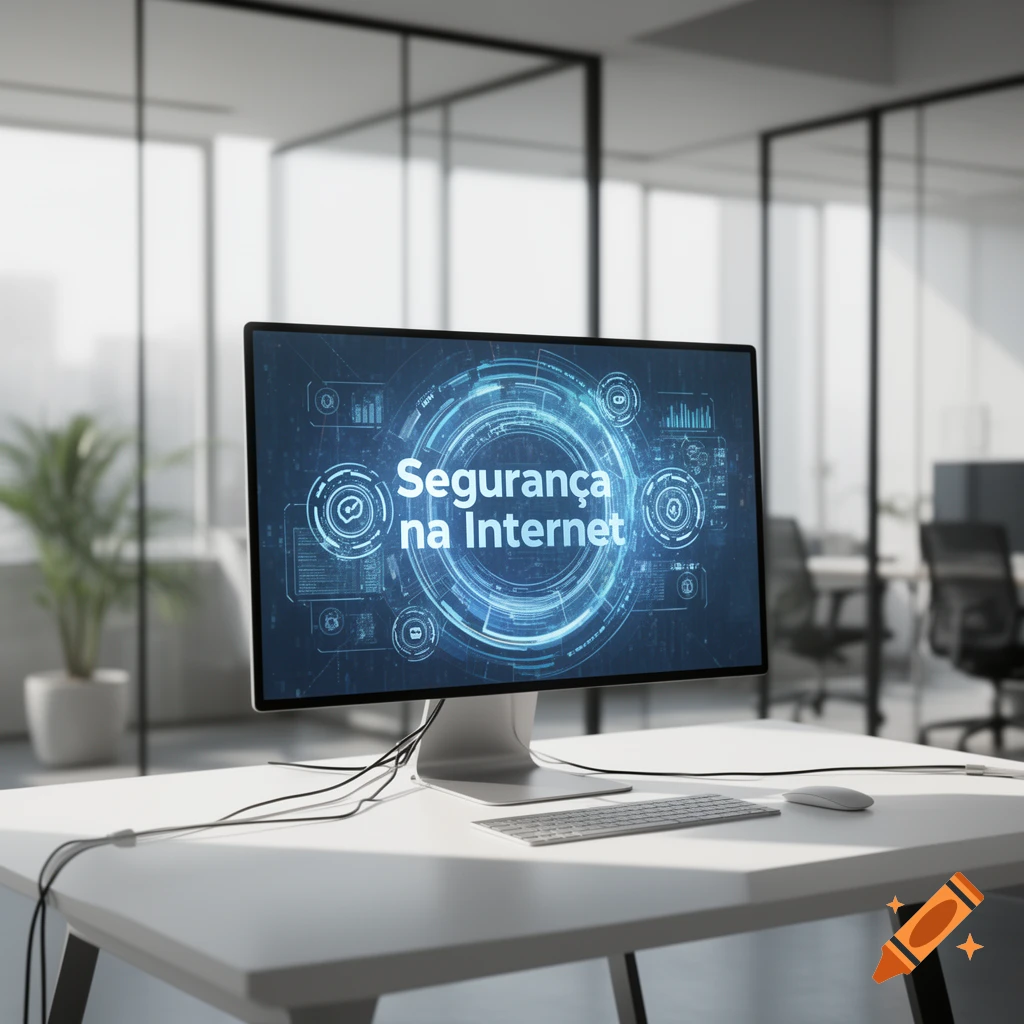 A computer monitor displaying 'Segurança na Internet' with a futuristic blue interface in a modern office.
