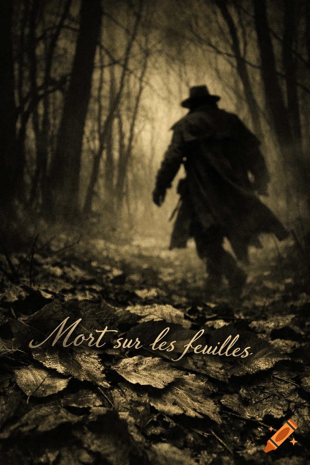 A sepia-toned, grainy image of a blurred silhouette in a coat and hat walking through a dark, misty forest. Text 'Mort sur les feuilles' is on the leaves.