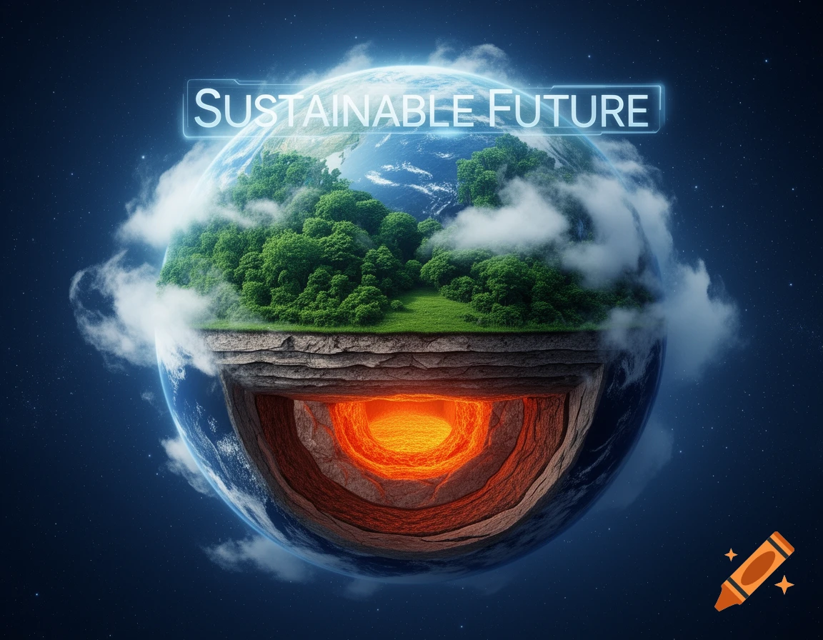 A cutaway view of Earth showing green forests and clouds on the surface, and a glowing core, with 'SUSTAINABLE FUTURE' text floating above.