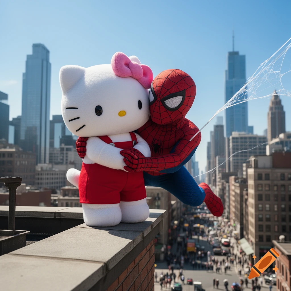Hello Kitty and Spider-Man hug on a city rooftop with skyscrapers and a busy street below, captured in a photorealistic style.