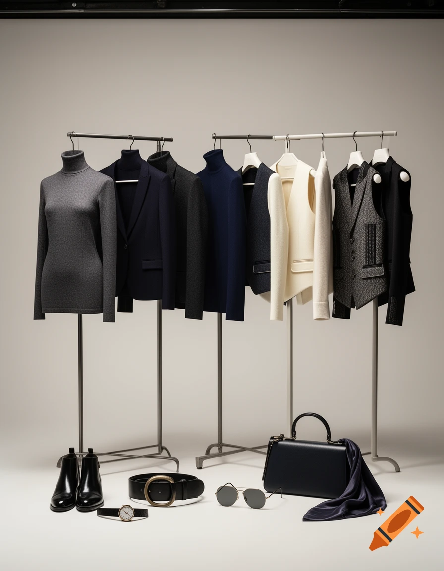 A collection of men's clothing on racks with accessories including shoes, a belt, sunglasses, a watch, and a handbag, displayed in a studio.