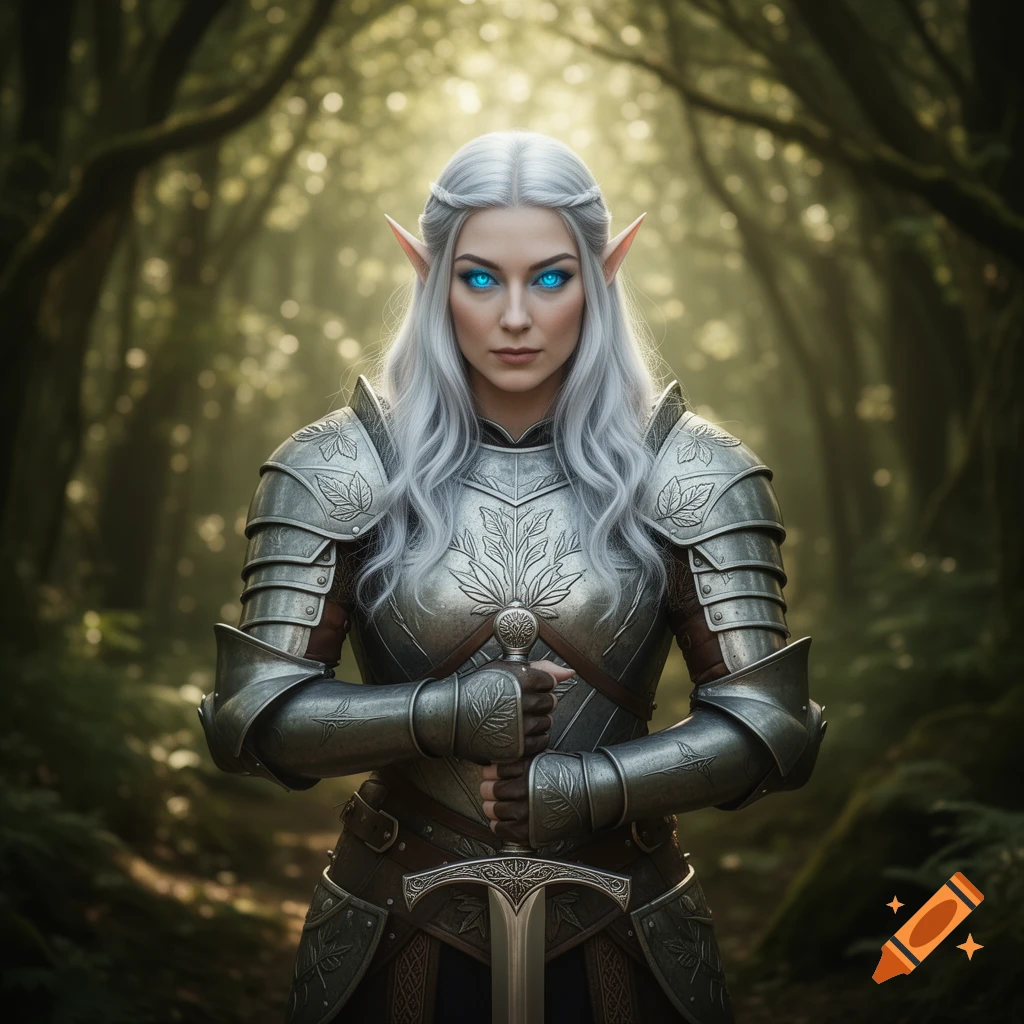 Silver-haired elven knight with bright blue eyes, in ornate armor, holding a sword in a sunlit forest.