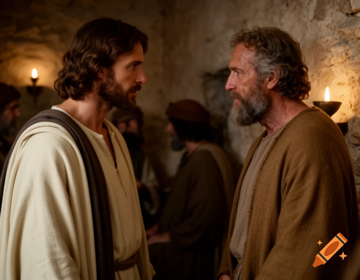 Photorealistic depiction of Jesus and Peter, dressed in robes, looking at each other intensely in a dimly lit stone room.