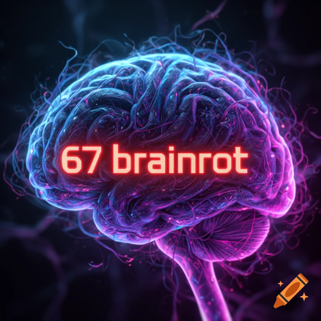 A glowing, neon blue and purple brain with neural networks surrounding it, displaying the text '67 brainrot' in red pixelated font.