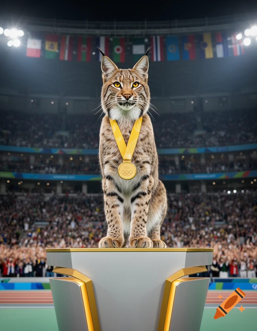 A majestic lynx wearing an Olympic gold medal stands proudly on a podium in a packed stadium with flags in the background, in a photorealistic style.