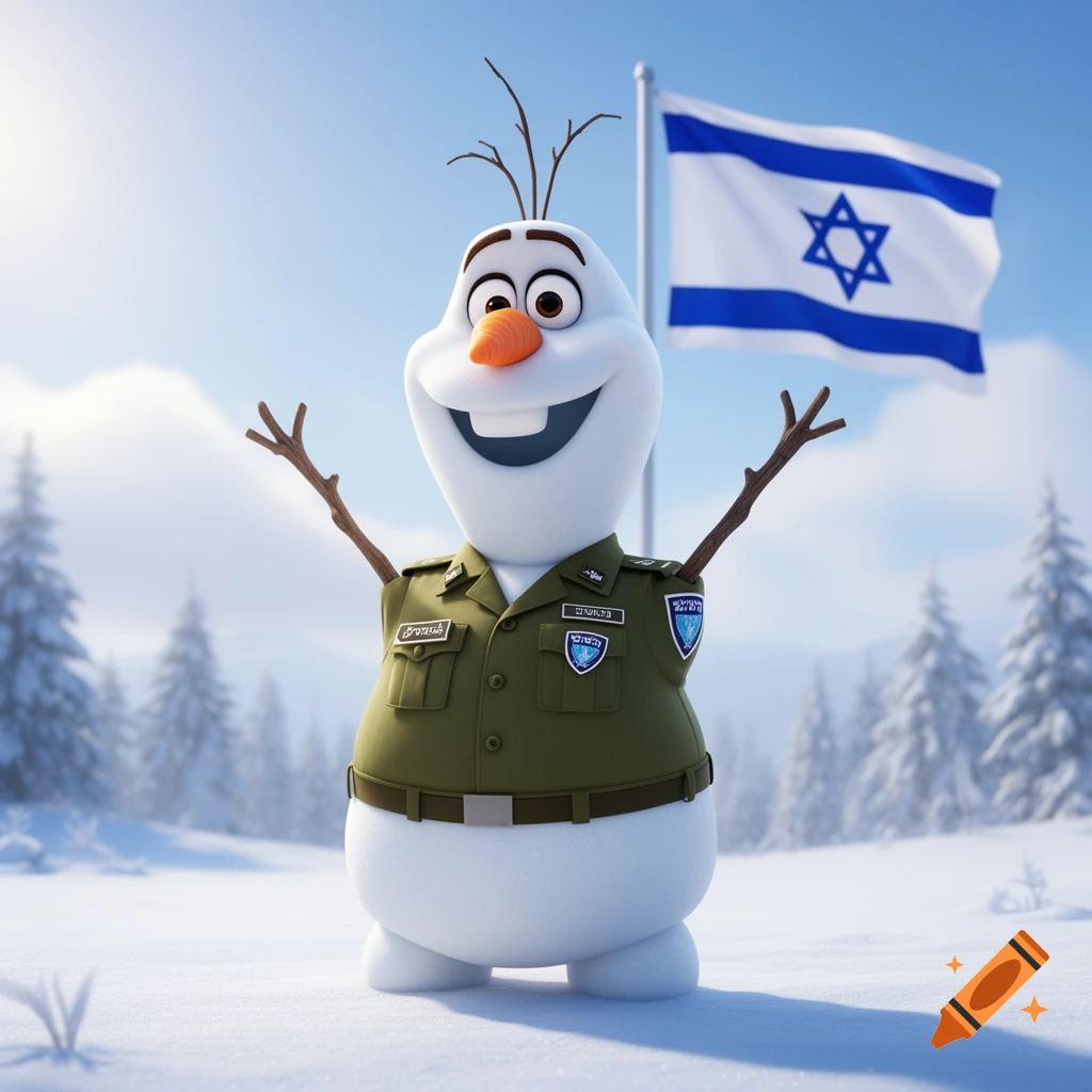 Olaf the Snowman wears an IDF uniform in a snowy landscape with an Israeli flag waving in the background.