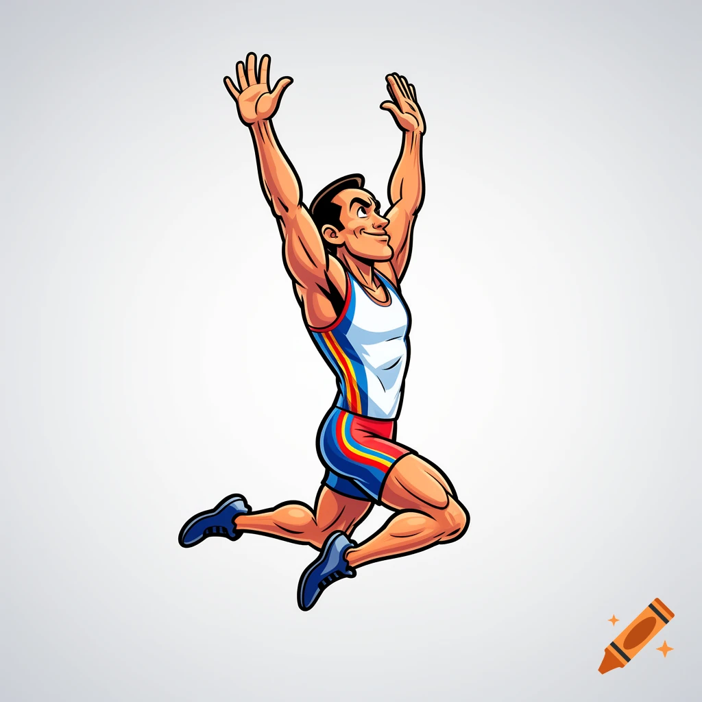 Cartoon of a muscular male athlete in a colorful singlet jumping with arms raised.