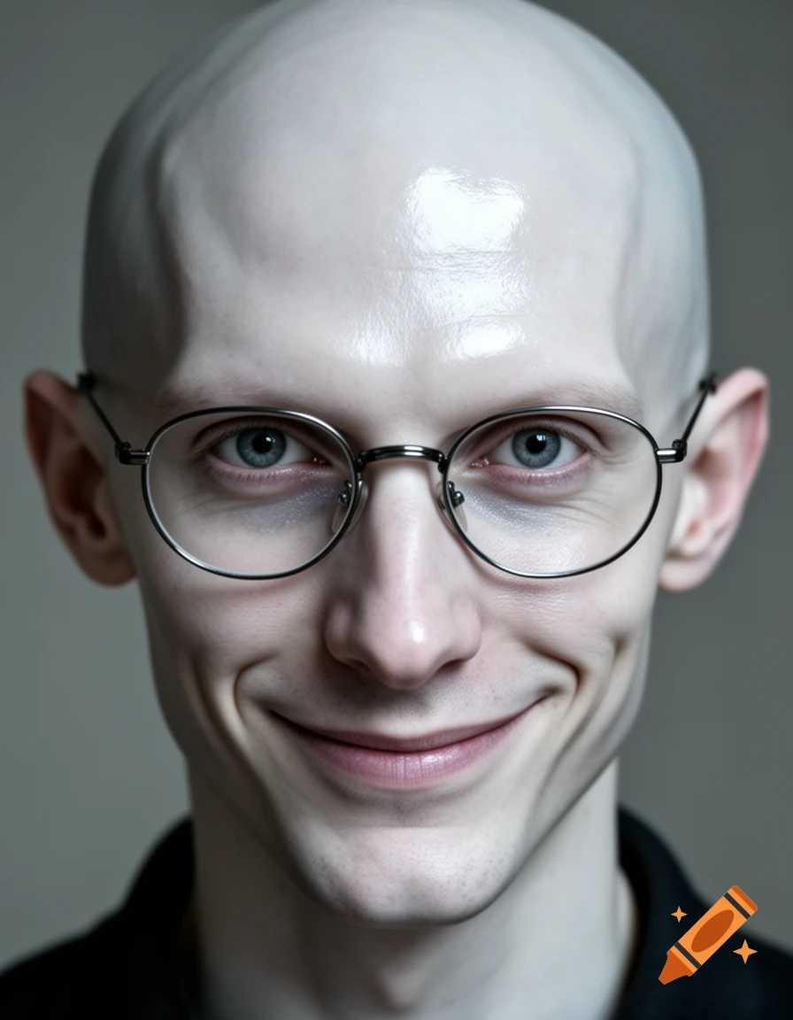 A close-up photorealistic portrait of a pale, hairless man with round glasses and a creepy smile.