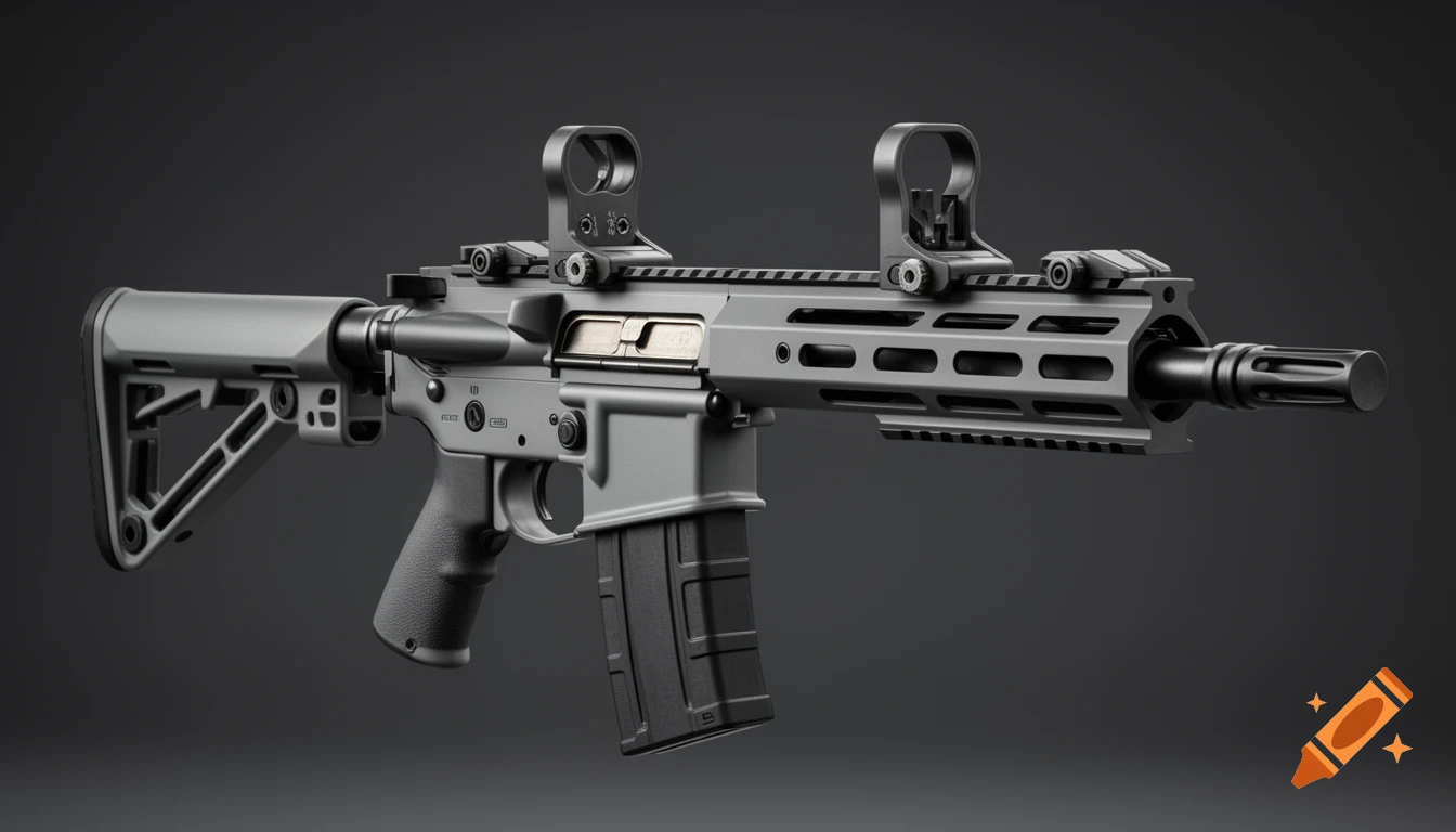 Photorealistic tactical battle rifle with a grey and black finish against a dark background.