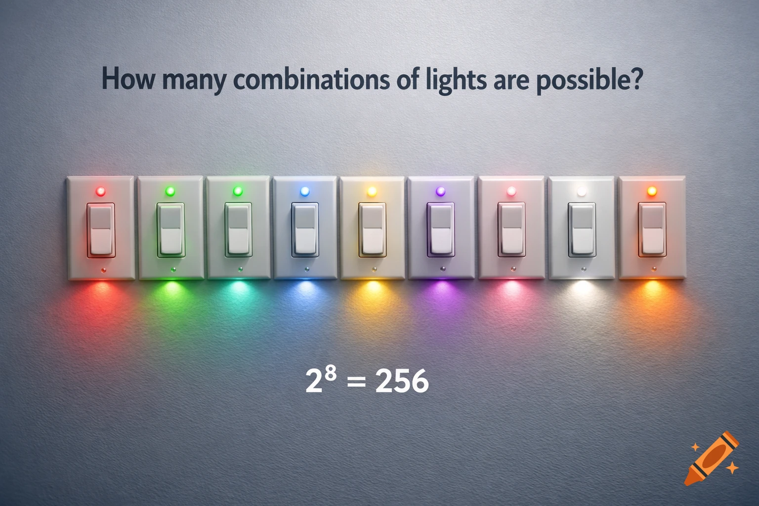 Eight colorful light switches on a gray wall, with text asking 'How many combinations of lights are possible?' and answering '2^8 = 256'.
