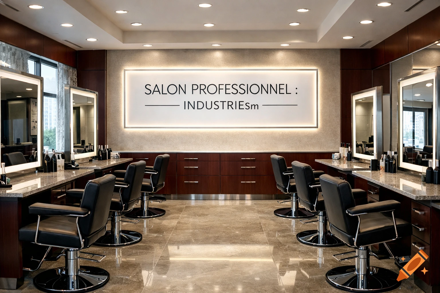 A well-lit, modern professional salon interior with rows of styling chairs, mirrors, and a central sign.