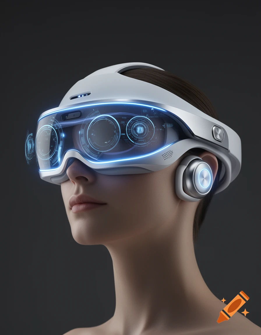 A person wearing a sleek white and silver futuristic VR headset with glowing blue holographic interfaces and integrated headphones, against a dark background.