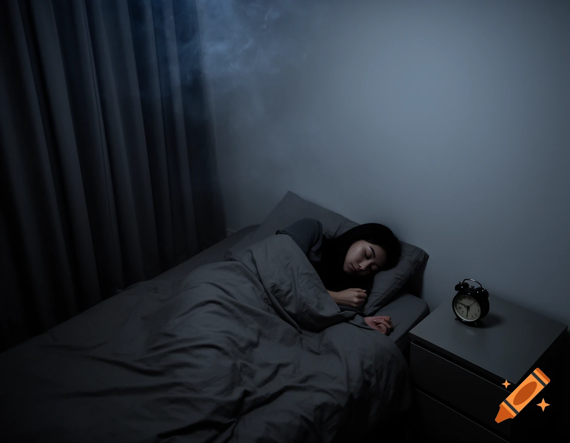 A woman with long dark hair sleeps peacefully in a dimly lit bedroom, with an alarm clock on a nightstand.
