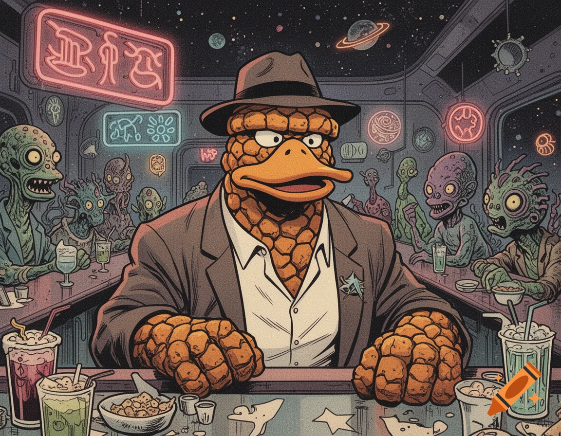 A Thing-like Howard the Duck in a fedora sits at a space bar surrounded by aliens in an old Marvel comic art style.