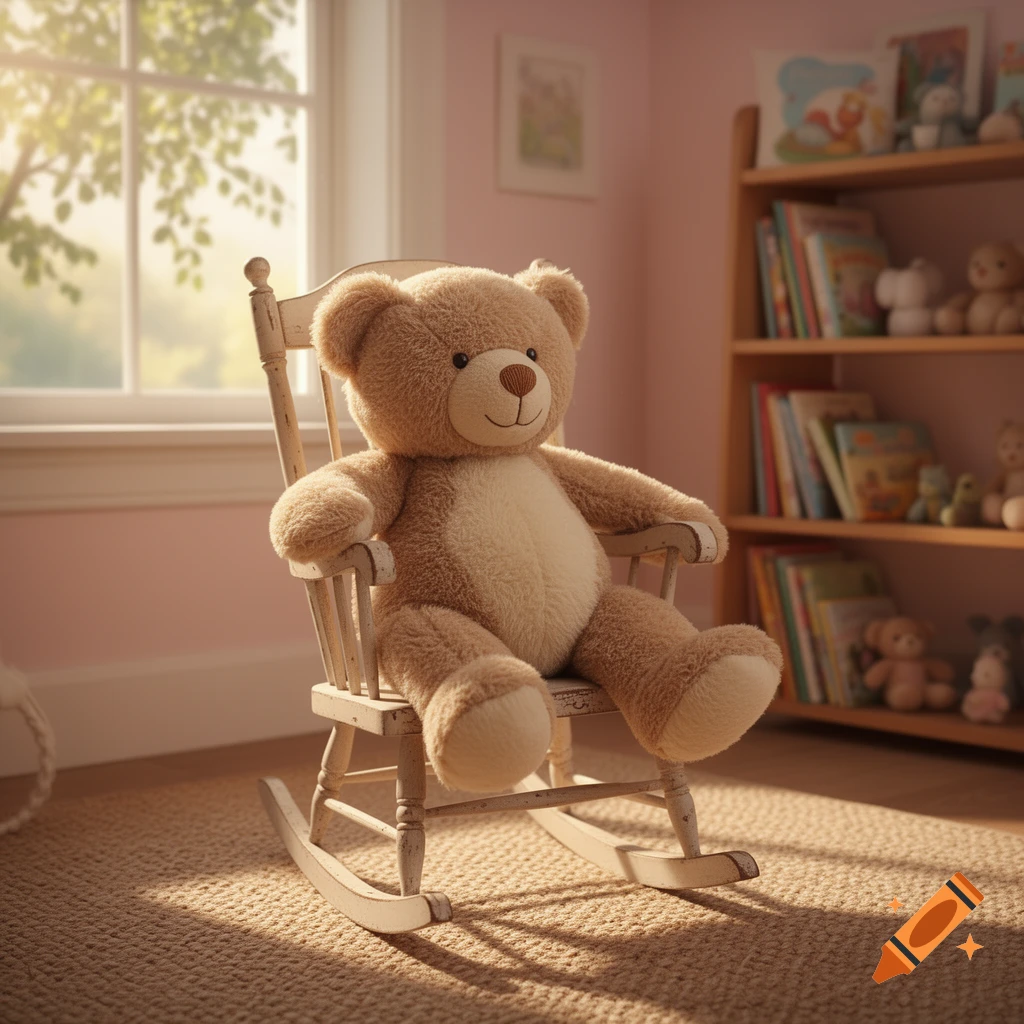 A fluffy brown teddy bear sits on a white rocking chair in a child's room with a window and bookshelf, bathed in sunlight.