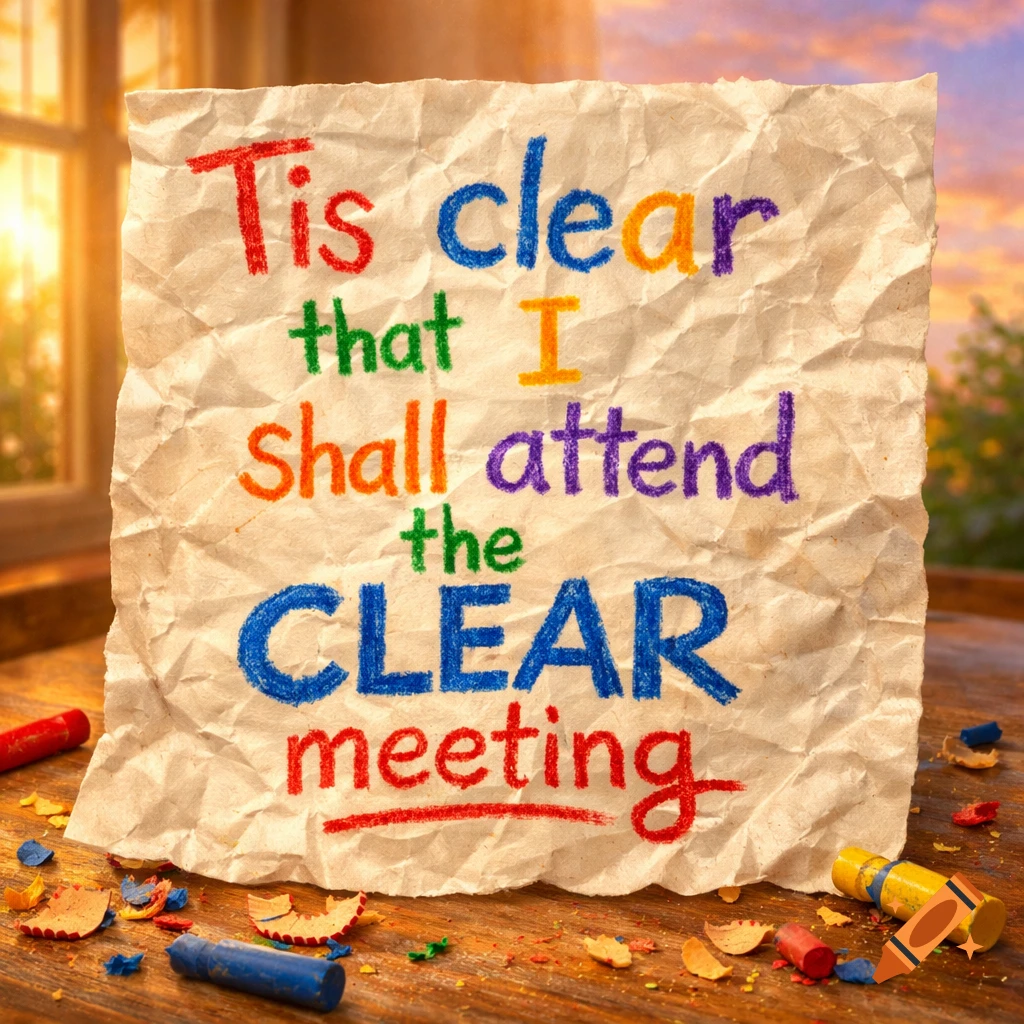 A crumpled paper note, written in colorful crayon, sits on a wooden table with crayon stubs and shavings, against a sunset background.