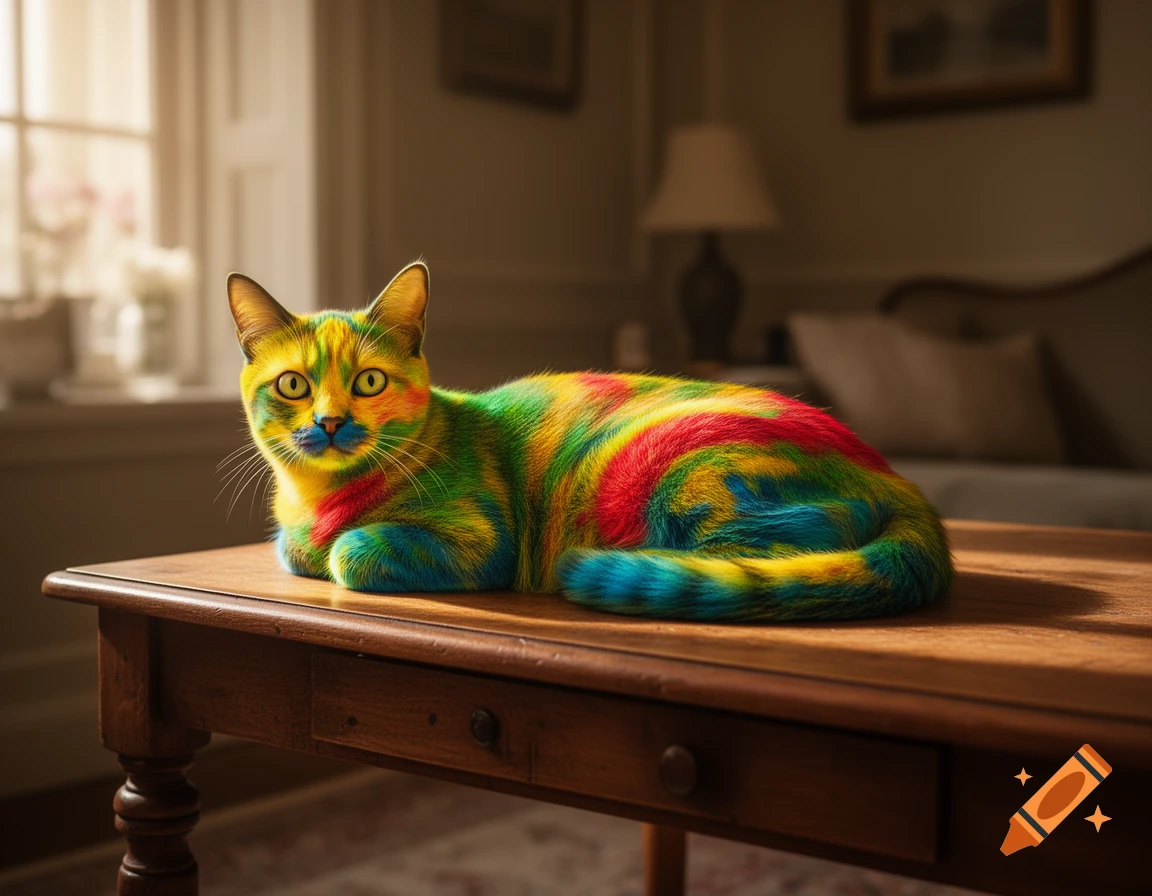 A photorealistic cat with yellow, green, red, and blue fur lies on a wooden table in a sunlit room.