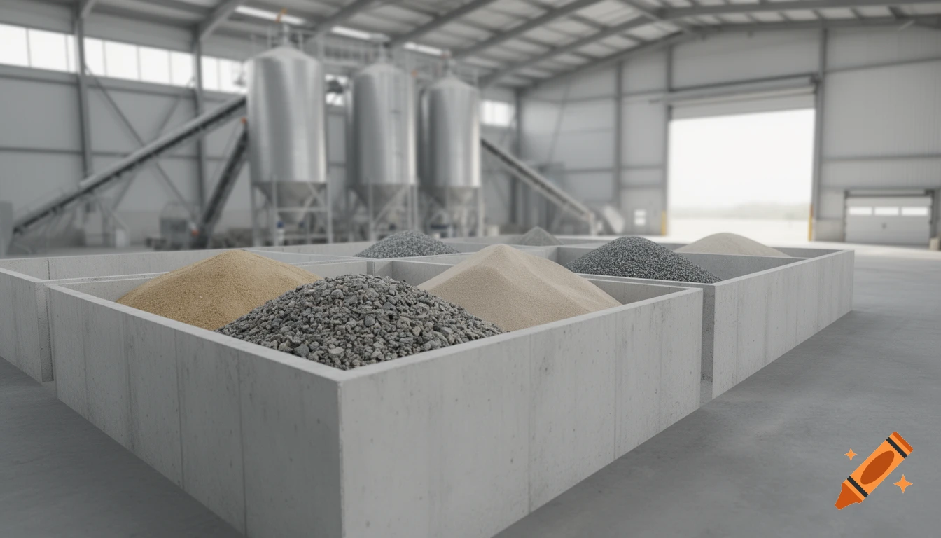 Modern industrial warehouse interior with concrete bins holding sand and gravel, blurred silos and conveyor belts in the background.