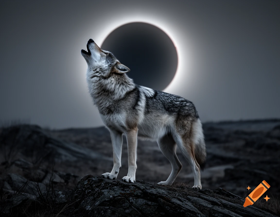A photorealistic wolf howls on a rock under a dramatic solar eclipse.