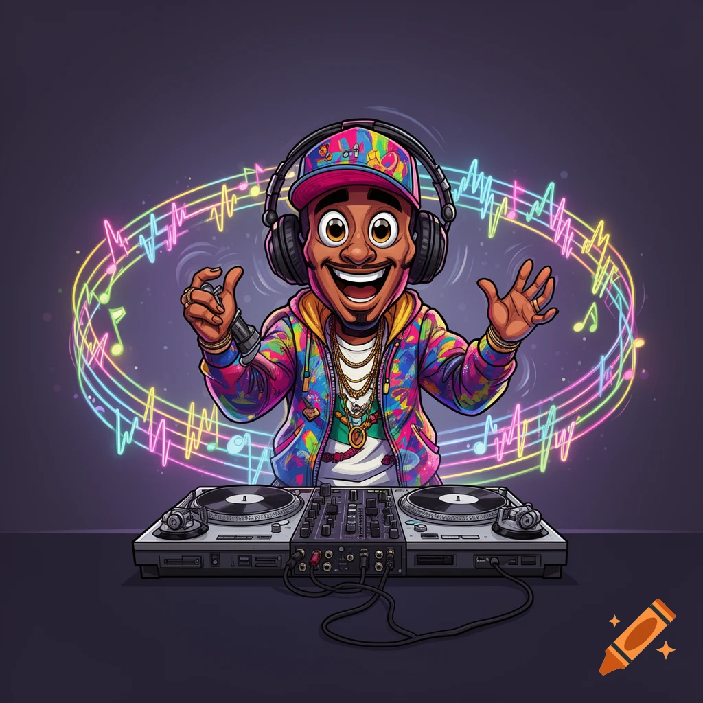 A colorful cartoon DJ with headphones and a vibrant jacket is mixing on turntables, surrounded by glowing musical notes.