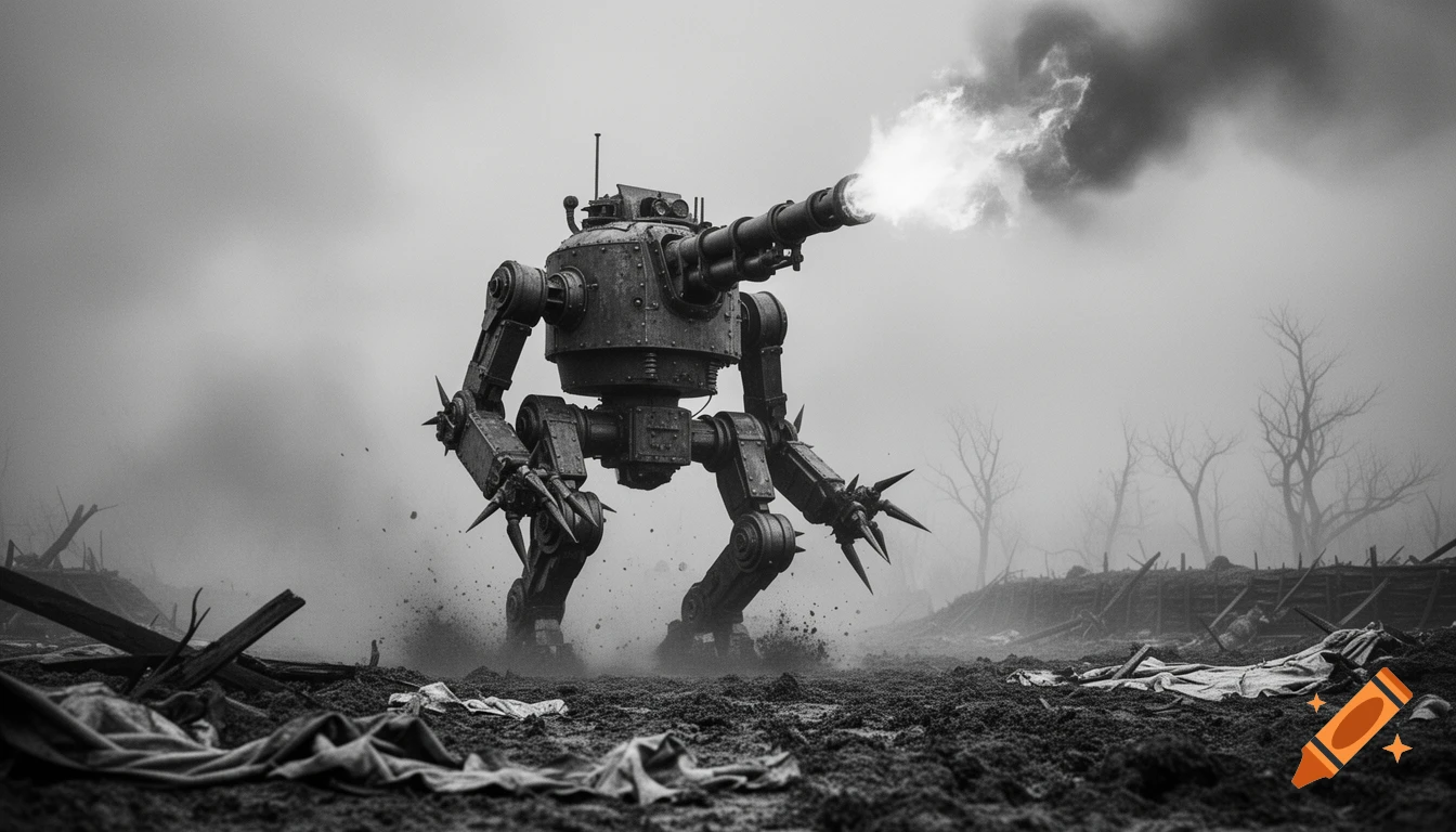 A large black and white image of a World War I style mech firing its cannon on a desolate battlefield.