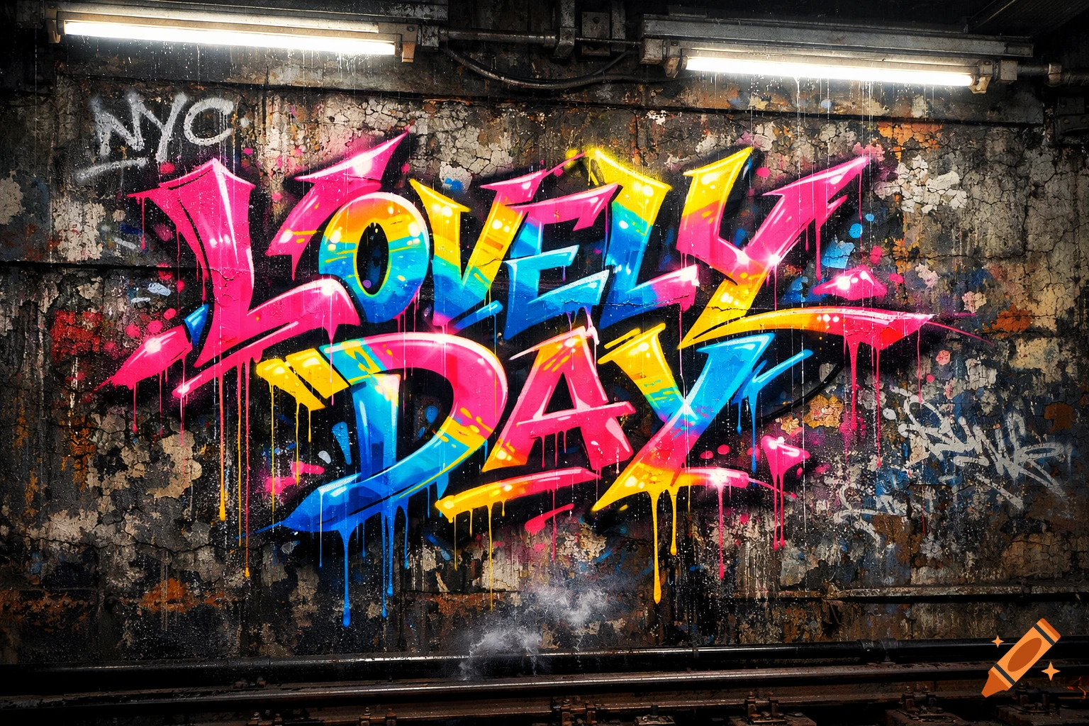 Vibrant neon wildstyle graffiti spelling 'LOVELY DAY' on a grunge subway wall, with drips and a 3D effect.