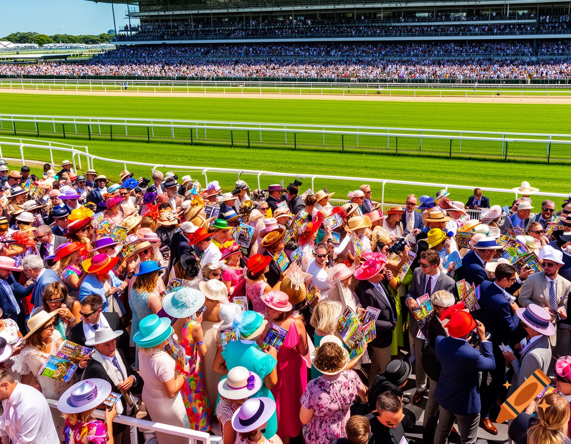 A large crowd in colorful formal attire and elaborate hats gathers at a sunny outdoor horse racing track with a grandstand.
