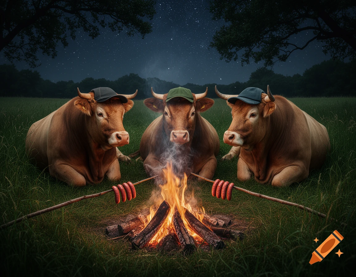Three brown cows in baseball caps sit around a campfire, roasting sausages under a starry night sky in a grassy field.