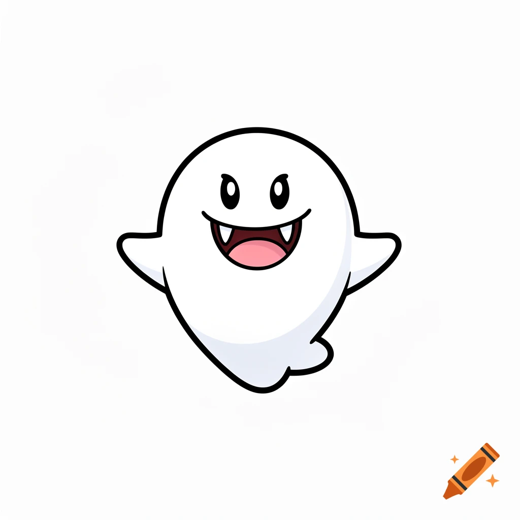 A white cartoon ghost, Boo from Super Mario, with a wide smile and fangs, outlined in black on a white background.