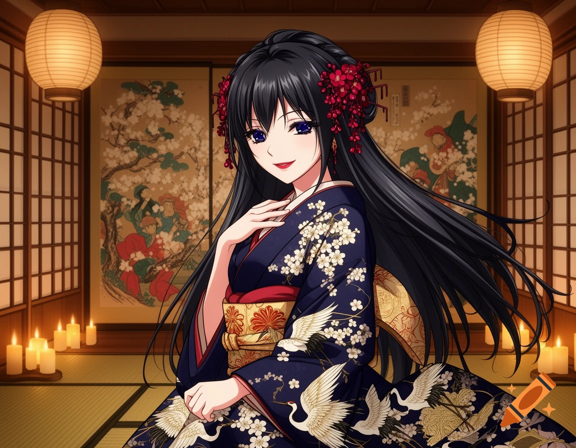 Anime girl in a dark blue kimono with cranes and blossoms, smiling in a traditional Japanese room with lanterns and candles.