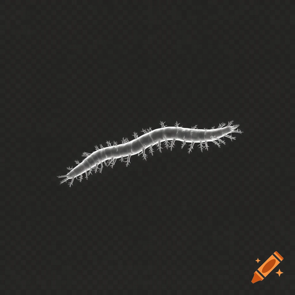 White outline of a peripatus, or velvet worm, depicted against a dark transparent background in a scientific illustration style.