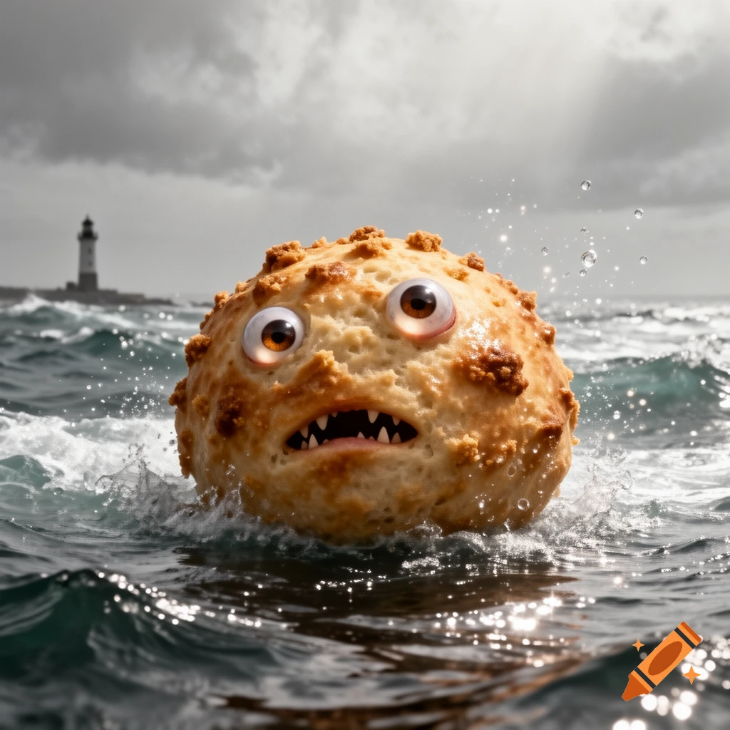A scary, doughy Semmelknödel monster with googly eyes and sharp teeth surfaces from choppy dark ocean waves, a lighthouse in the distant mist.