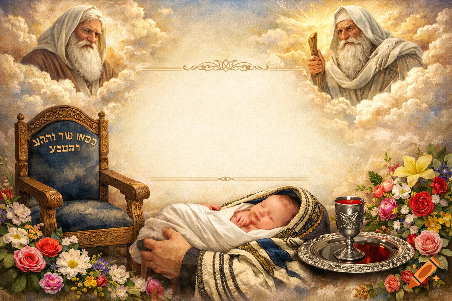 A religious greeting card with two bearded men in clouds, a sleeping baby held by hands in a tallit, an ornate chair with Hebrew text, a silver cup of wine on a tray, and colorful flowers.