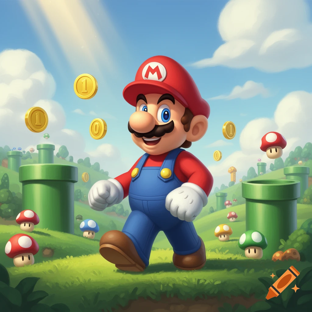 Mario walks through a vibrant green landscape with floating gold coins, green pipes, and mushrooms under a bright blue sky.