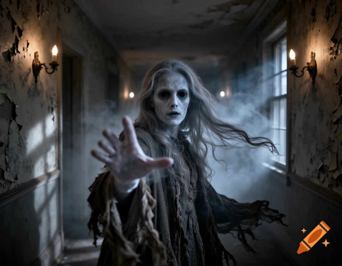 Photorealistic image of a pale ghost with dark eyes, long hair, and tattered clothes reaching out in a foggy, candlelit hallway.