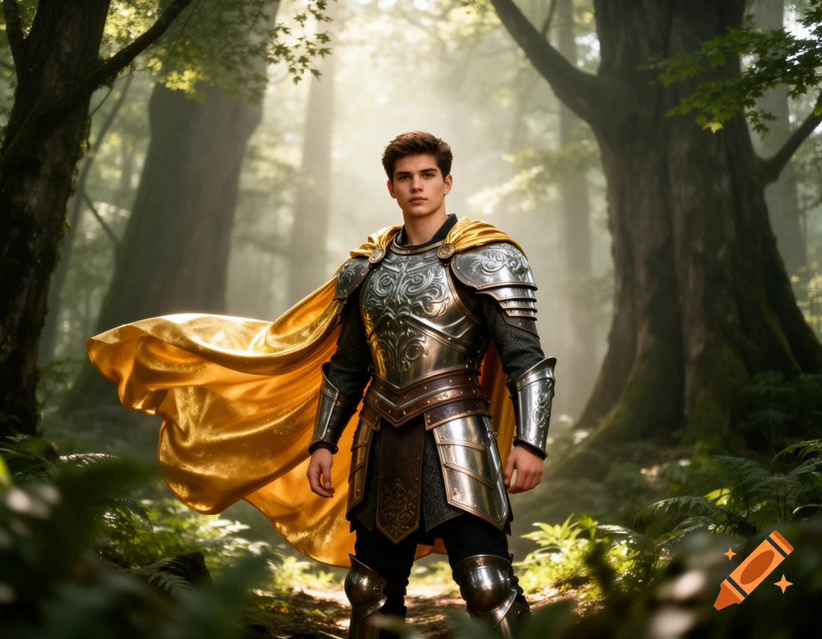 A handsome young warrior in ornate silver armor and a flowing golden ...